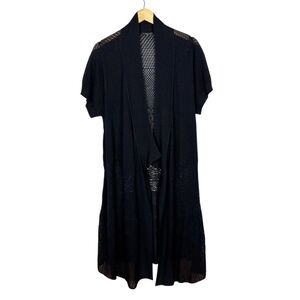 Eileen Fisher Women Cardigan Duster Silk Viscose   Black Open Knit Short Sleeve